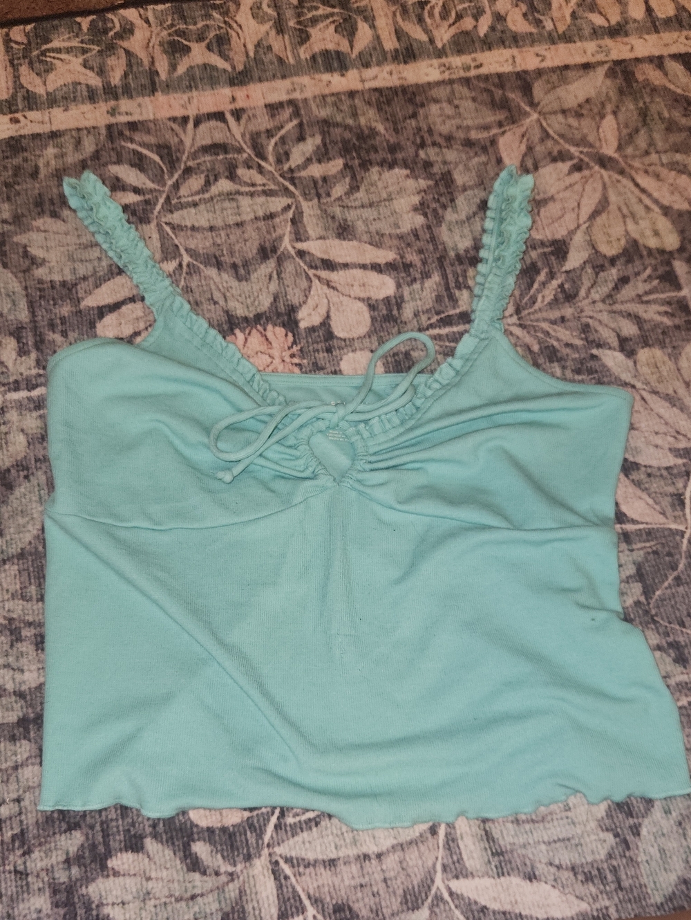 American Eagle Outfitters Aqua Ruched Front Tie Cami with Ruffled Straps